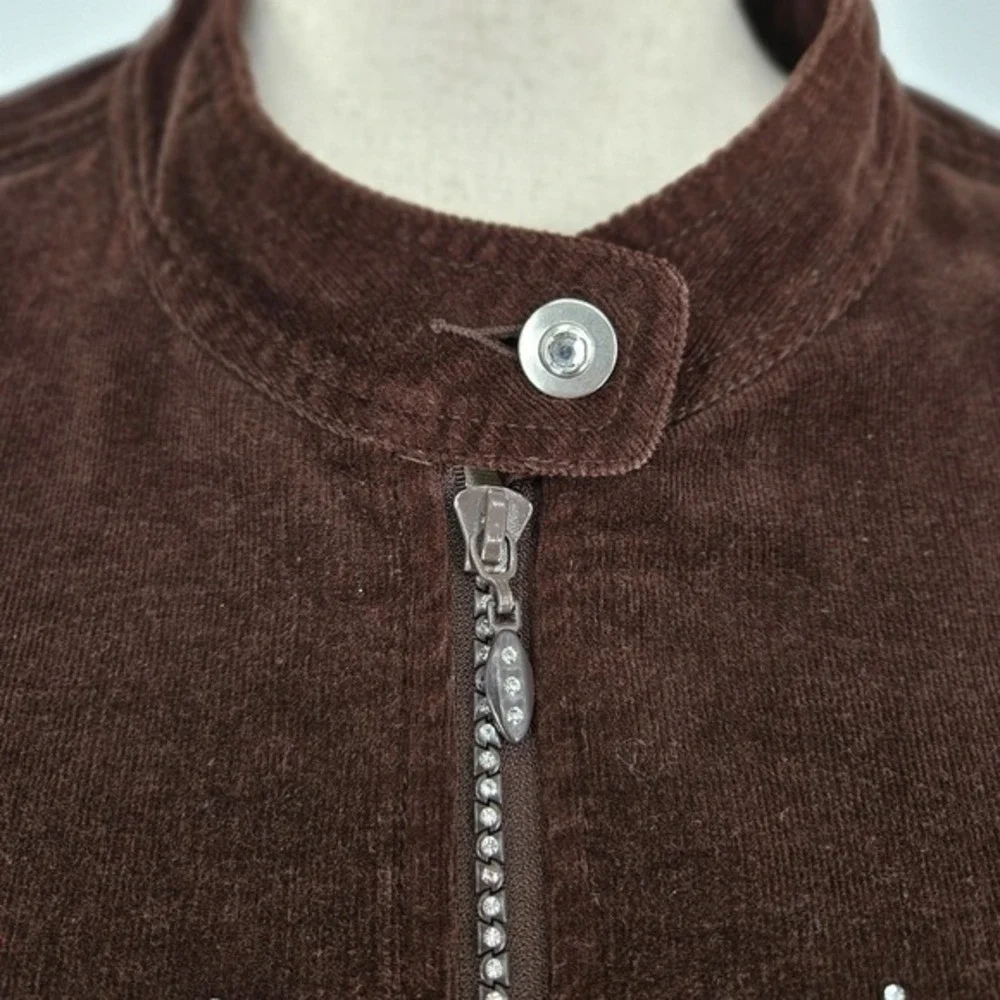 Quacker Factory Corduroy Jacket‎ Womens 2X Brown Rhinestone Mock Neck Zip